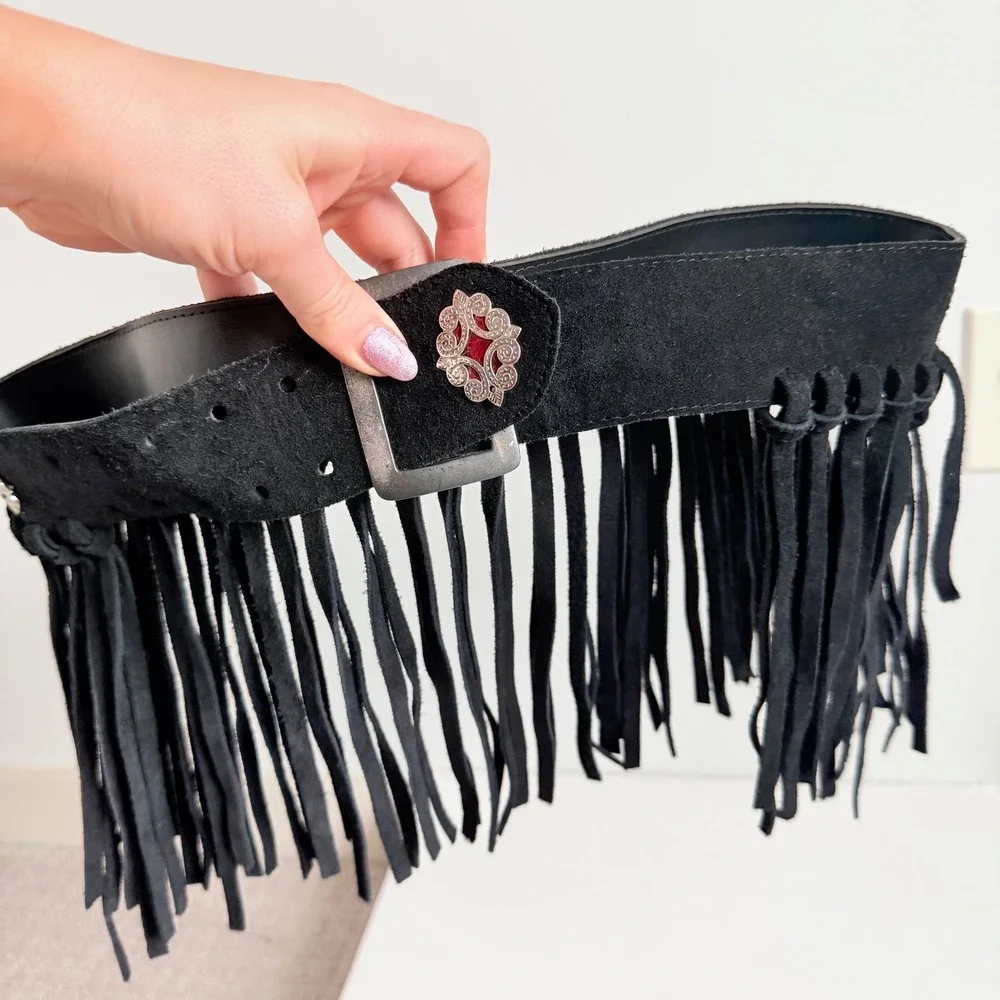Vintage Et Vous Genuine Leather Suede Fringe Belt with Silver‎ Details